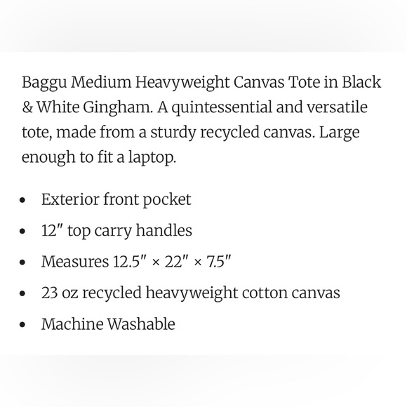 NWT BAGGU BLACK & WHITE GINGHAM Medium Heavyweight Canvas Tote - Picture 2 of 3